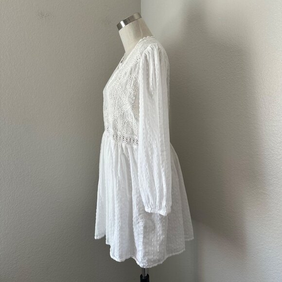 Zara White Swiss Dot Long-Sleeve Embroidered Boho Mini Dress Intricate Lace S - Picture 5 of 14